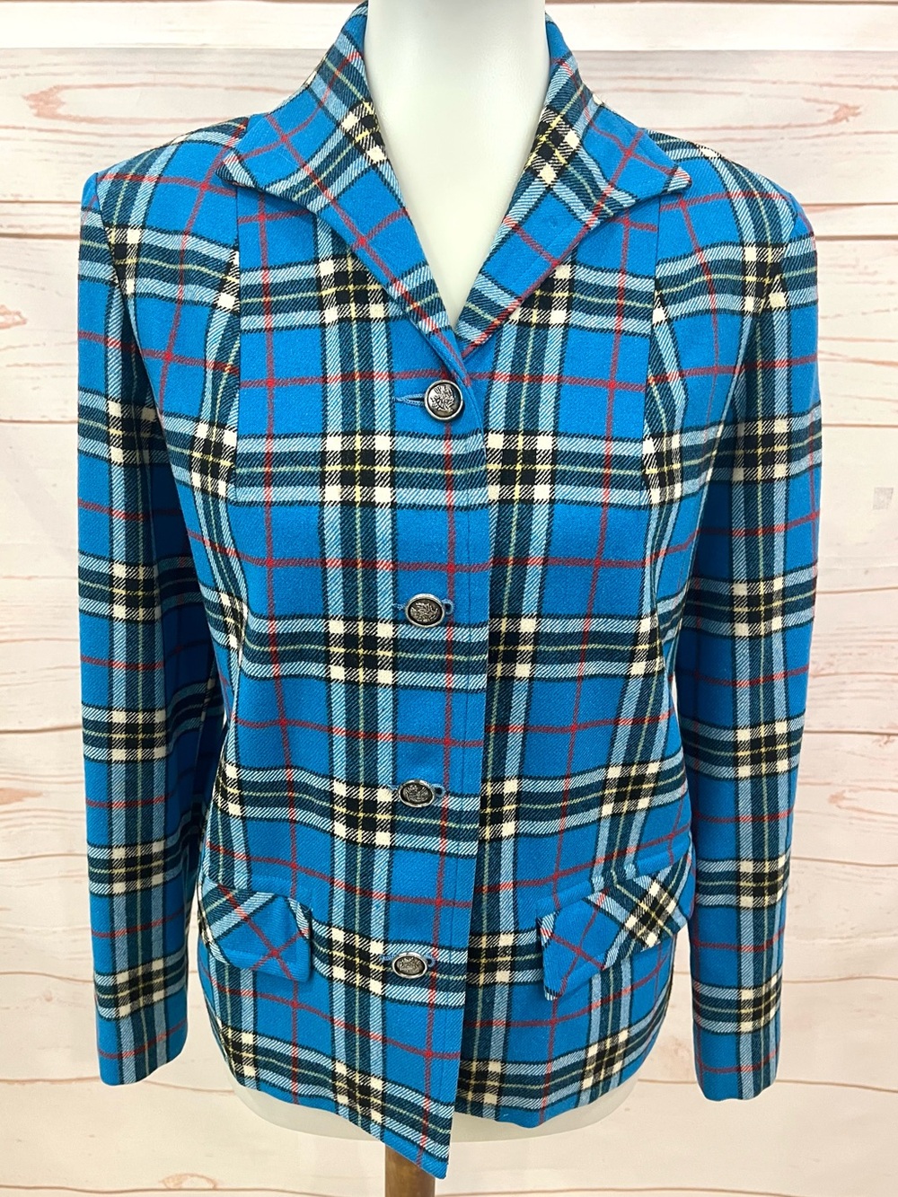 Pendleton Vintage 70s Virgin Wool Long Sleeve Blue Plaid Blazer Jacket - Picture 5 of 7